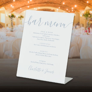 Staubblaue Hochzeit Signature Script Bar Menü Sockelschild