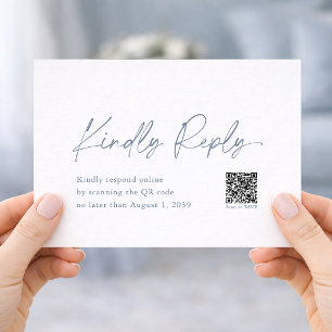 Staubblaue Hochzeits-RSVP-Karte mit QR-Code Begleitkarte