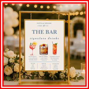Staubblaue Hochzeits-Signature-Drinks-Bar-Menükart Poster