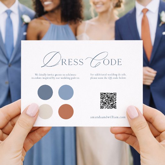 Staubblaue Hochzeitskleiderordnung Karte mit QR-Co