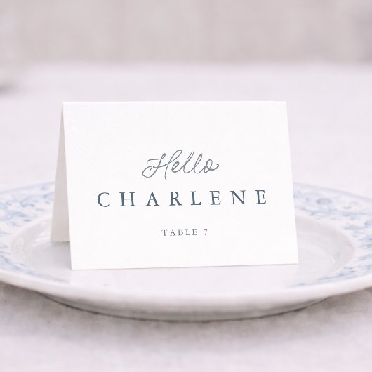 Staubblaue Hochzeitsplatzkarte mit Tischnummer