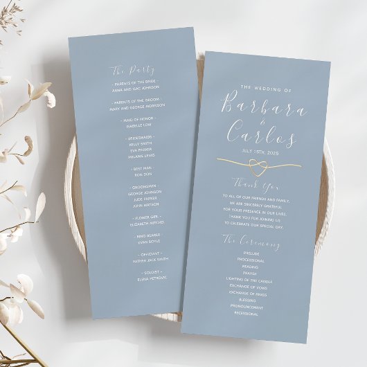 Staubblaue Hochzeitsprogramm mit Seilherz