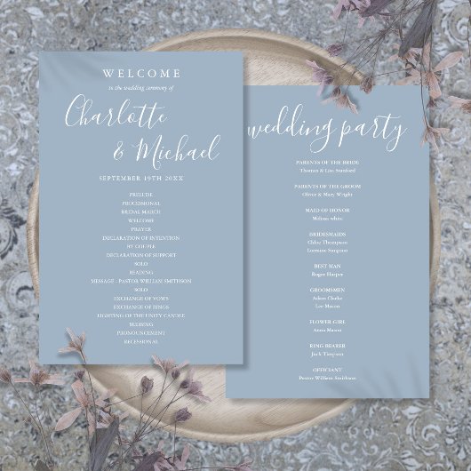 Staubblaue Hochzeitsprogramm mit Unterschriftensch