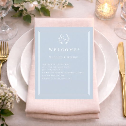 Staubblaue Hochzeitsprogramme mit Monogramm Detail