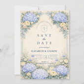 Staubblaue Hortensien-Gartenhochzeit Save The Date (Vorderseite)