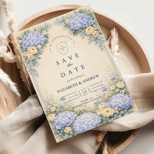 Staubblaue Hortensien-Gartenhochzeit Save The Date