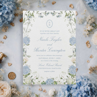 Staubblaue Hortensien-Monogramm-Hochzeitswappen Einladung