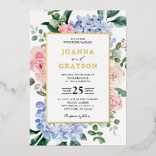 Staubblaue Hortensien pastellrosa Rosen Hochzeit Folieneinladung
