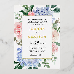Staubblaue Hortensien pastellrosa Rosen Hochzeitsb Folieneinladung