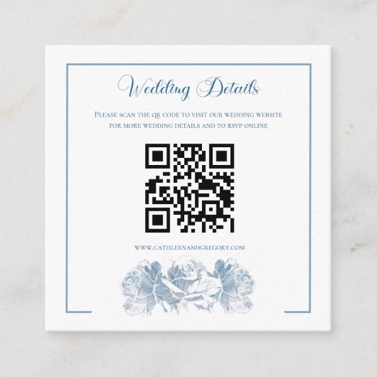 Staubblaue Kalligrafie QR-Code Hochzeit Begleitkarte (Vorderseite)