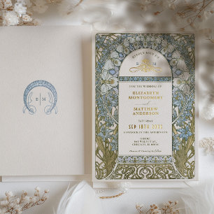 Staubblaue Kornblumen-Hochzeit Art Nouveau Mucha Folieneinladung