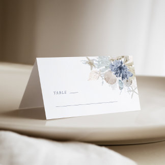 Staubblaue Küstenmuschel-Hochzeitsplatzkarte Platzkarte