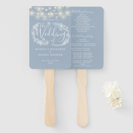 Staubblaue Lichterkette Hochzeitsprogramm Fächer (Vorne und Hinten)