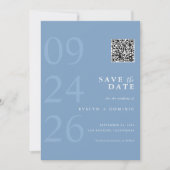 Staubblaue moderne Typografie QR-Code-Hochzeit Save The Date (Vorderseite)