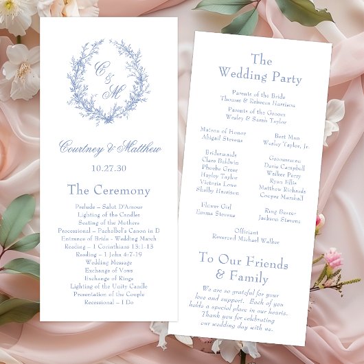 Staubblaue Monogramm Botanischer Kranz Hochzeit Programm