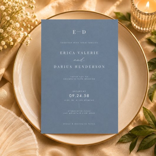 Staubblaue Monogramm-Hochzeit Einladung
