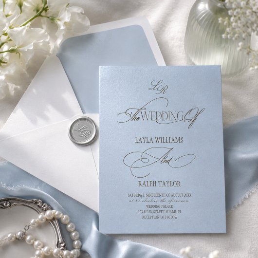 Staubblaue Monogramm-Hochzeitseinladung Einladung