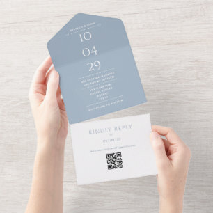Staubblaue Monogramm-QR-Code-Hochzeitsdatum All In One Einladung