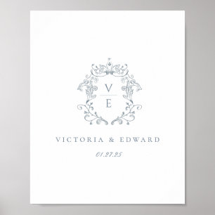 Staubblaue Monogramm-Wappen-Hochzeit Poster