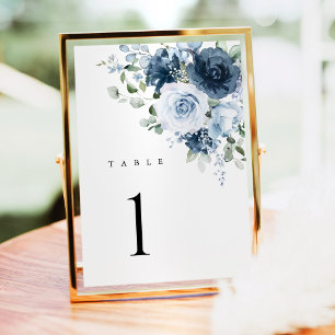 Staubblaue Navy Blumen Hochzeit Tischnummernkarte Tischnummer