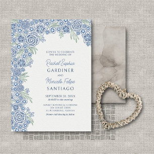 Staubblaue Navy-Blumenbogen-Hochzeit Einladung