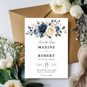 Staubblaue Navy- & Elfenbein-Rosen-Hochzeit Save The Date