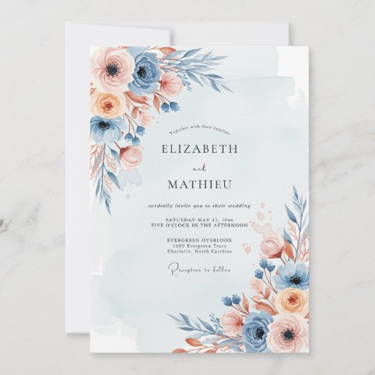 Staubblaue Neblige Botanische Hochzeit Einladung (Vorderseite)