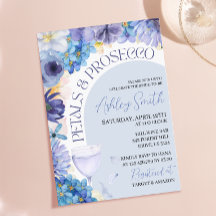 Staubblaue Petal Prosecco Hochzeitsdusche-Einladun