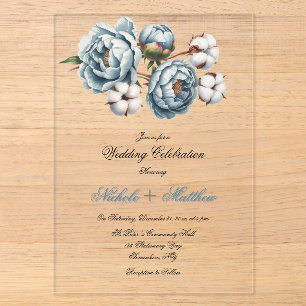 Staubblaue Pfingstrose und Baumwollhochzeit Acryleinladungen