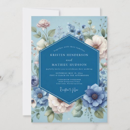 Staubblaue poetische Flora-Hochzeit Einladung (Vorderseite)