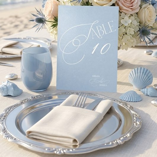Staubblaue romantische Hochzeit Tischnummer