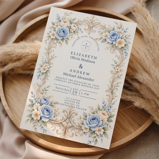 Staubblaue Rose Barock-Hochzeit Einladung