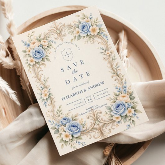 Staubblaue Rose Barock-Hochzeit Save The Date