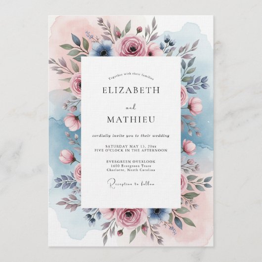 Staubblaue Rose Botanische Hochzeit Einladung (Vorderseite)