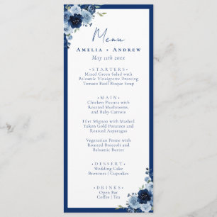 Staubblaue Rose Navy Floral Elegante Hochzeitsdinn Menükarte