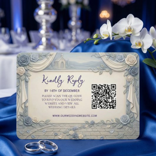 Staubblaue Rose QR-Code Hochzeit RSVP Karte