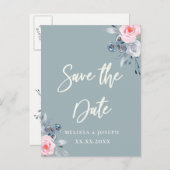 staubblaue Rose Save the Date weiße Schrift Ankündigungspostkarte (Vorne/Hinten)
