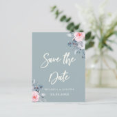 staubblaue Rose Save the Date weiße Schrift Ankündigungspostkarte (Stehend Vorderseite)