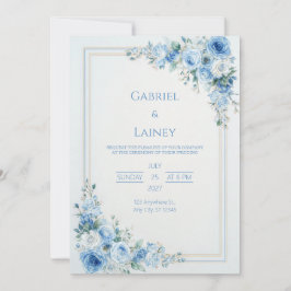 Staubblaue Rosen-Gold-Doppelrahmen-Hochzeit Einladung