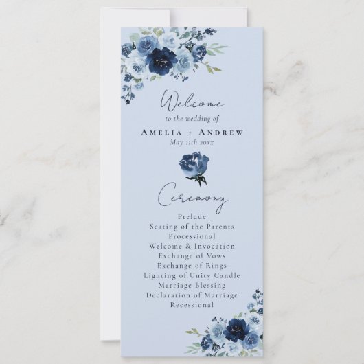 Staubblaue Rosen Navy Blumen Hochzeitsprogramm (Vorderseite)