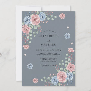 Staubblaue Rosenblüten-Hochzeit Einladung