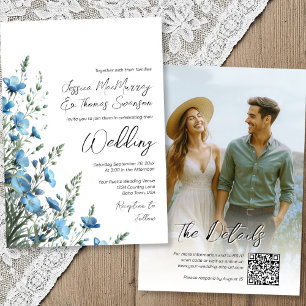 Staubblaue Salbei Boho Wildblumen Foto QR Hochzeit Einladung