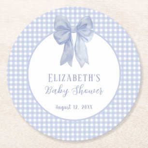 Staubblaue Schleife Gingham-Baby-Party Runder Pappuntersetzer