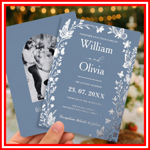 Staubblaue Silber-Wildblumen-Foto-Hochzeit Folieneinladung