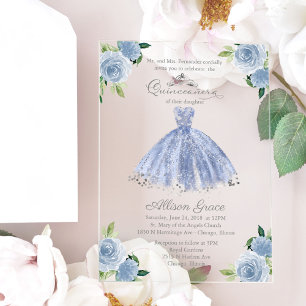 Staubblaue silberne Prinzessinnenkleid Quinceañera Acryleinladungen