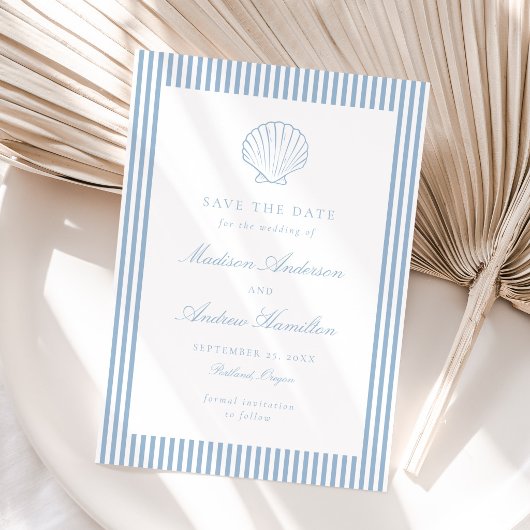 Staubblaue Streifenmuschel-Hochzeit Save the Date