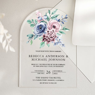 Staubblaue und rosa florale Hochzeit Acryleinladungen