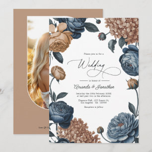 Staubblaue und Taupe-Wasserfarben-Blumenhochzeit Einladung