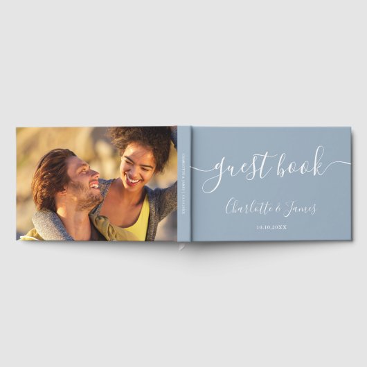 Staubblaue Unterschriften-Script-Foto-Hochzeit Gästebuch (Voll)