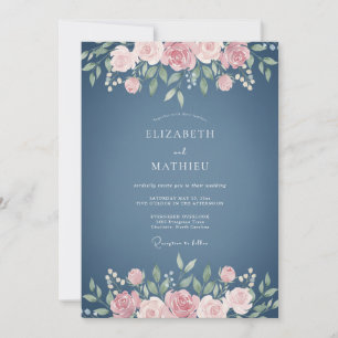 Staubblaue verzaubernde Rosenhochzeit Einladung